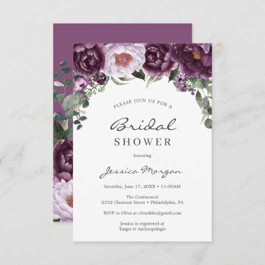 Plum Peonies Carte d'invitation à la douche nuptia (Devant / Derrière)