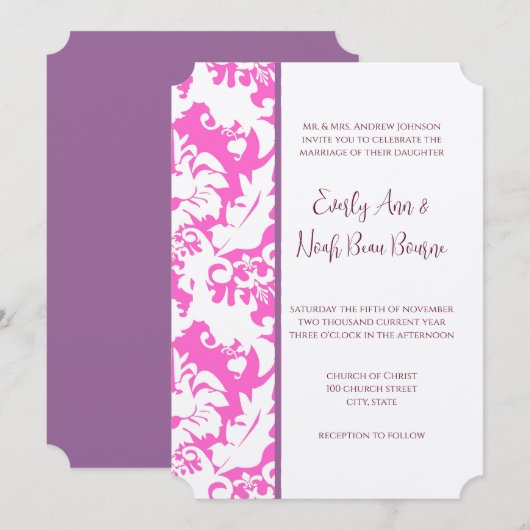 Plum & Pink Damask Wedding Invitations Kaart (Voorkant / Achterkant)