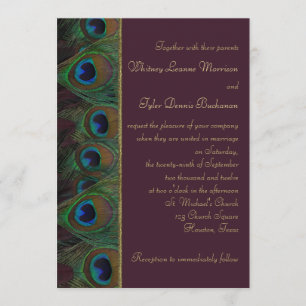 Plum, Plumes Peacock Or Faire-part de mariage