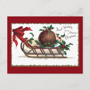 Plum Pudding op Sleigh Vintage Kerstmis Feestdagenkaart