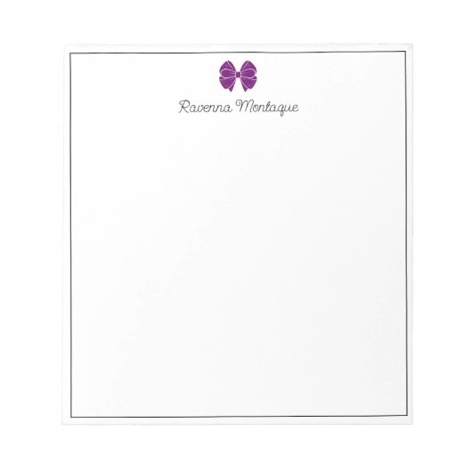 Plum Purple Bow Border Script Custom Name Script Notitieblok (Voorkant)
