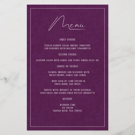 Plum Purple Damask Elegant Simple Mariage Menu (Devant)