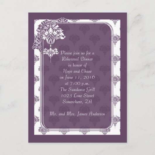 Plum Purple Damask Répétition Dîner Invitations (Devant)