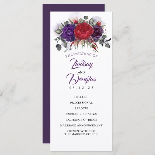 Plum Purple et Bourgogne Programmes de mariage flo (Devant / Derrière)