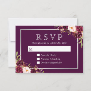 Plum Purple Floral Argent Gris Mariage RSVP