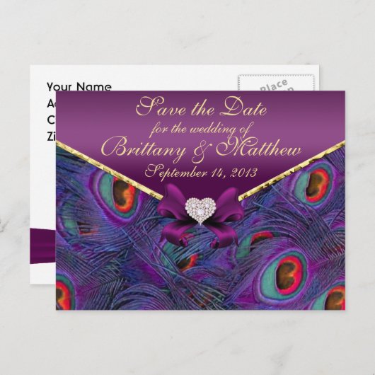 Plum Purple Peacock Enregistrer la date Carte post (Devant / Derrière)