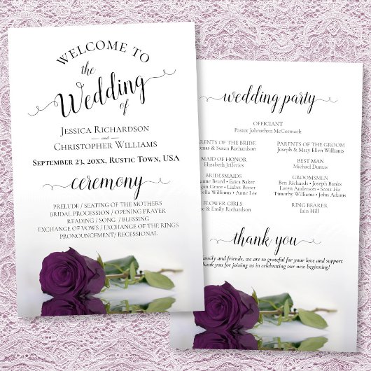 Plum Purple Rose Élégant programme de mariage BUDG
