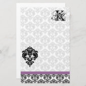 Plum Ribbon Zwart Damast Monogram Gerecycled papie Briefpapier (Voorkant / Achterkant)