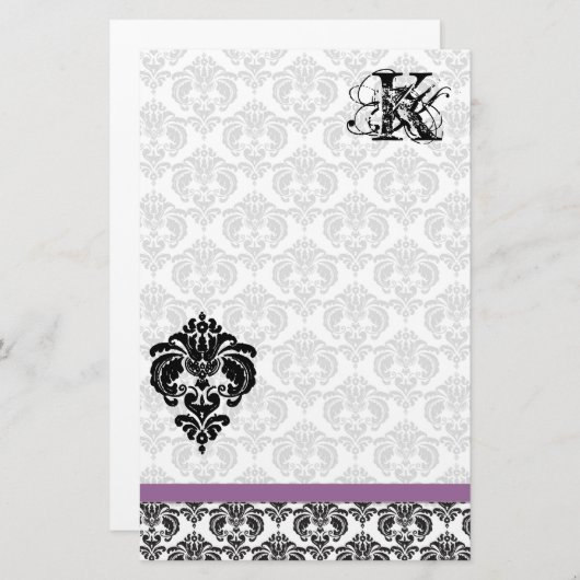 Plum Ribbon Zwart Damast Monogram Gerecycled papie Briefpapier (Voorkant / Achterkant)