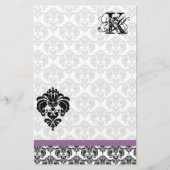 Plum Ribbon Zwart Damast Monogram Gerecycled papie Briefpapier (Voorkant)