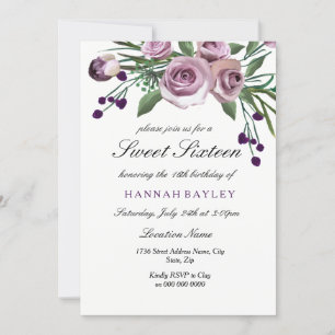 Plum romantique Purple Rose Sweet 16 Invitation