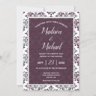 Plum Silver Sage Damask Wedding Kaart