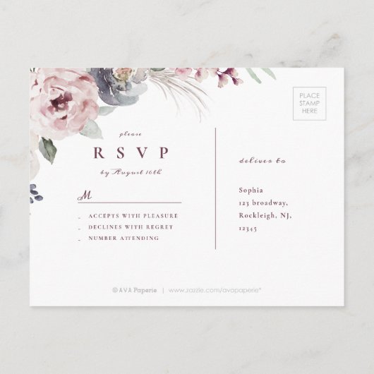 Plum & stoffige roze boho bloemen rustieke bruilof uitnodiging briefkaart (Achterkant)