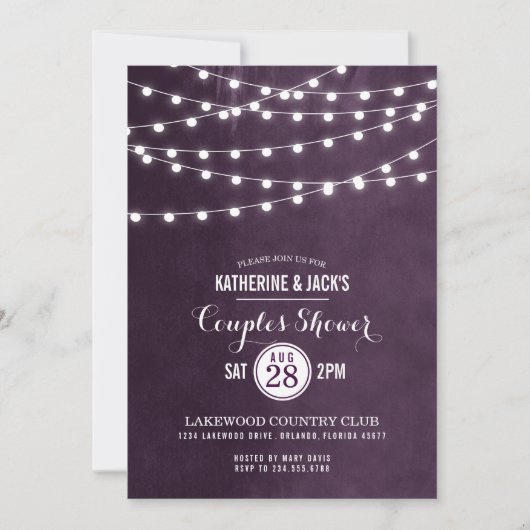 Plum String Lights Couples Douche Invitation (Devant)