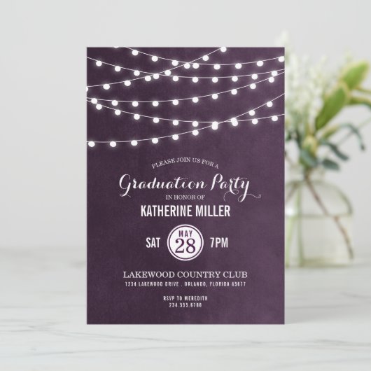 Plum String Lights Graduation Party Invitation (Debout devant)
