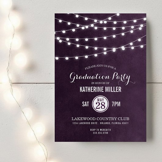 Plum String Lights Graduation Party Invitation