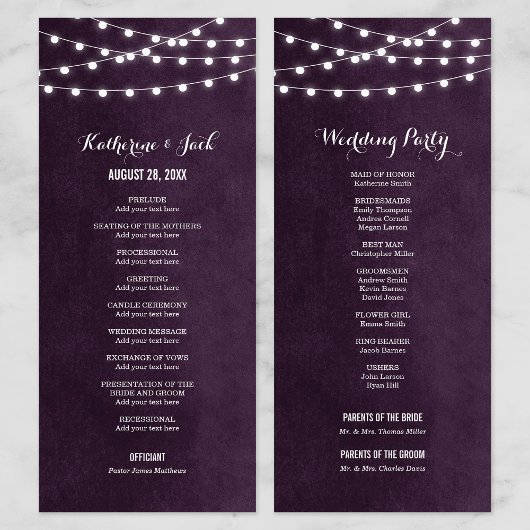 Plum String Lights Wedding Program Programma