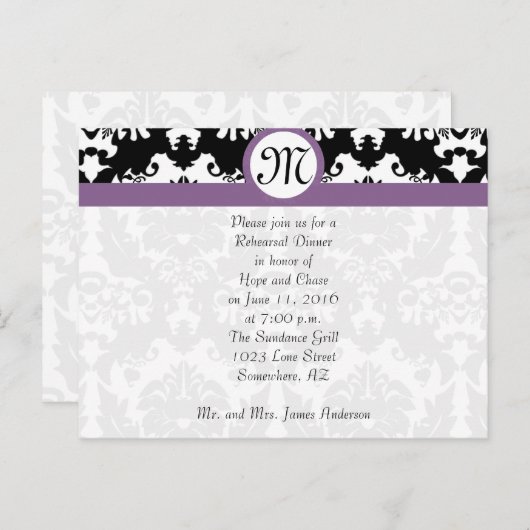 Plum Trim Black Damask Hearts Rehearsal Dinner Uitnodiging Briefkaart (Voorkant / Achterkant)