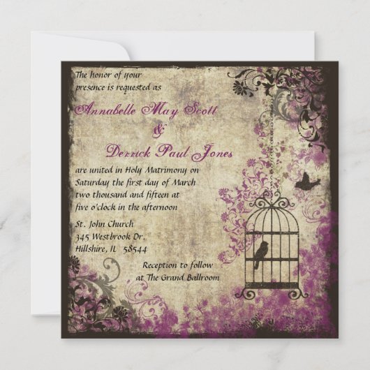 Plum Vintage Wedding Birdcage Uitnodiging (Voorkant)