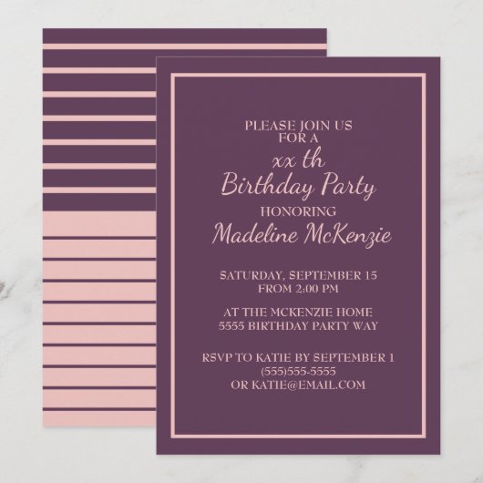 Plum violet blanc rayé Invitation de fête d'annive (Devant / Derrière)