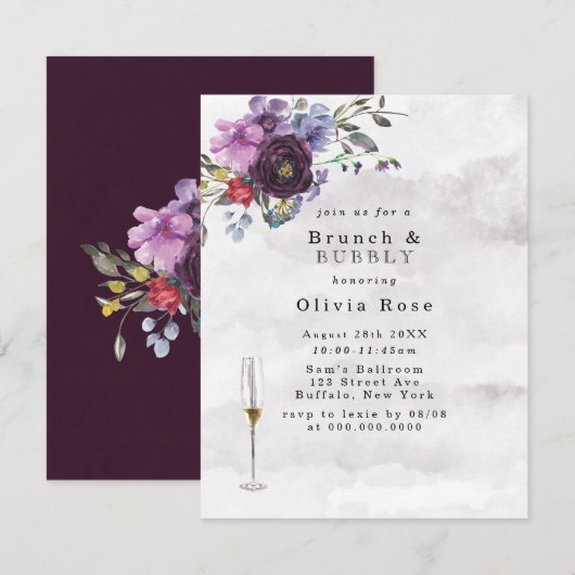 Plum Violet Botanical Peony Brunch & Bubble Kaart (Voorkant / Achterkant)