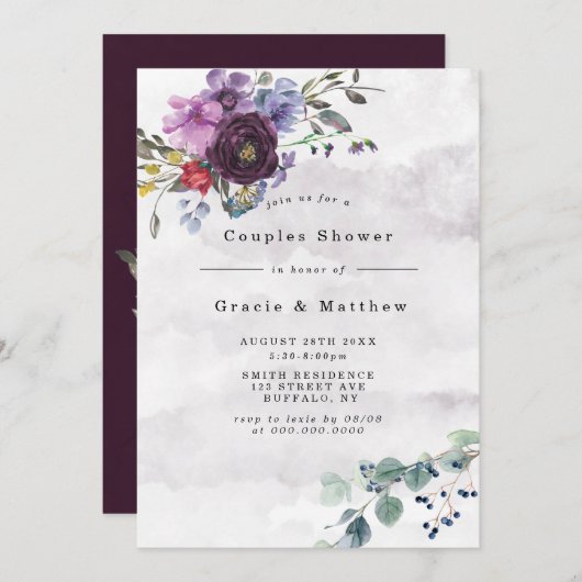 Plum Violet Chic Peony Couples Douche Invitations (Devant / Derrière)