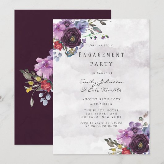 Plum Violet Chic Peony Engagement Party Kaart (Voorkant / Achterkant)