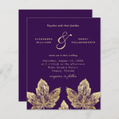 Plum Violet Et Or Rustique Feuilles Mariage Invite (Devant / Derrière)