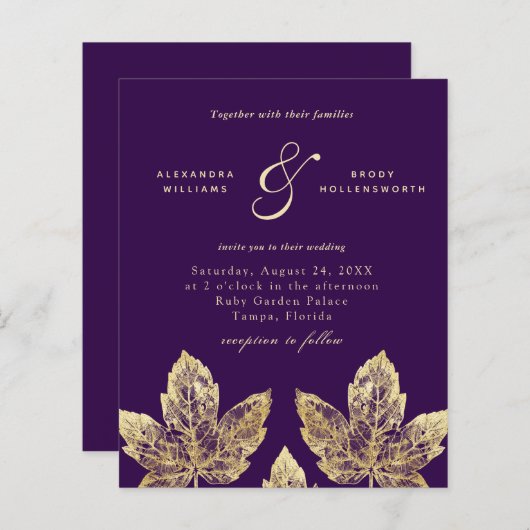 Plum Violet Et Or Rustique Feuilles Mariage Invite (Devant / Derrière)