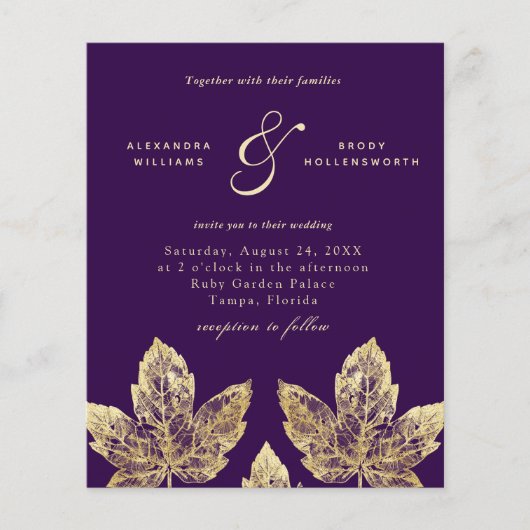 Plum Violet Et Or Rustique Feuilles Mariage Invite (Devant)