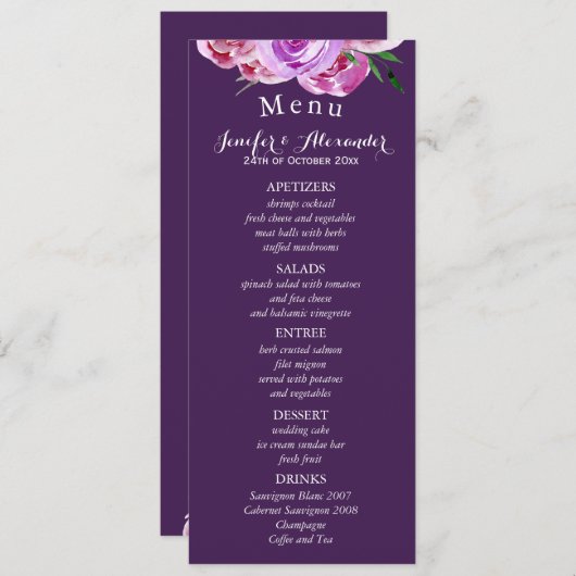 Plum violet fleuri mariage menu (Devant / Derrière)
