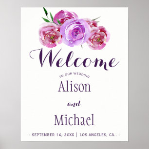 Plum violet floral bouquet bruiloft welkomstbord poster