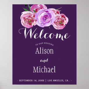 Plum violet floral elegant bruiloft welkomstbord poster