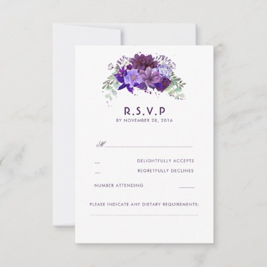 Plum Violet Flowers Elegant Wedding RSVP (Voorkant)
