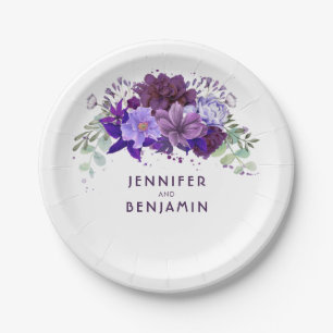 Plum Violet Paarse Floral Elegante bruiloft Papieren Bordje