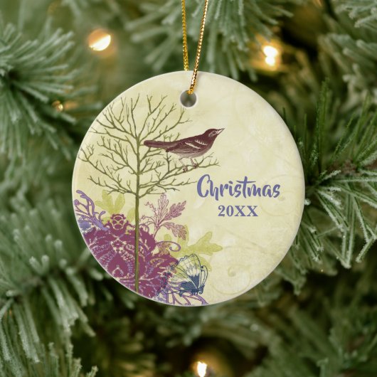 Plum Vogel Kerstmis Koppels Foto Ornament (Boom)