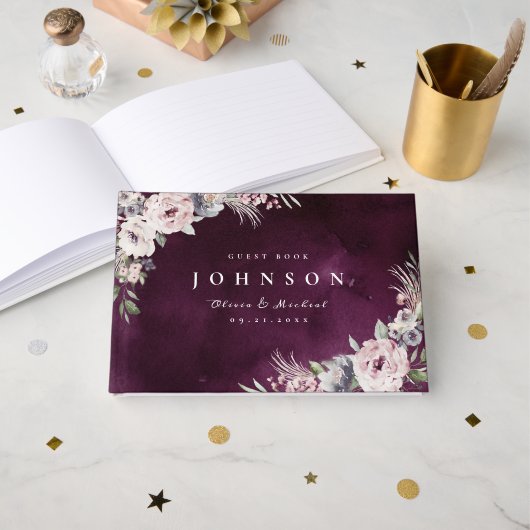 Plum waterverf & dusty roze floral boho bruiloft gastenboek (Voorkant open)