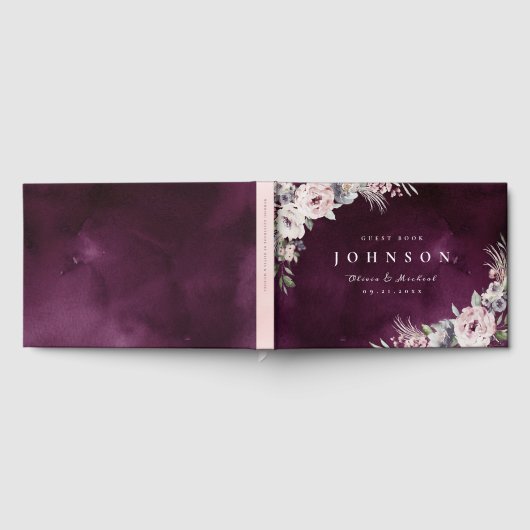 Plum waterverf & dusty roze floral boho bruiloft gastenboek (Volledig)