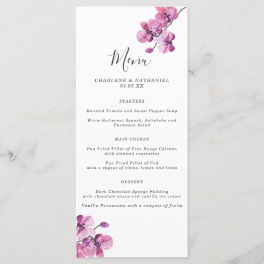 Plum Waterverf Orchid Wedding Menu (Voorkant)