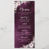 Plum waterverf & stoffige roze boho bloemenbruilof menu (Voorkant)