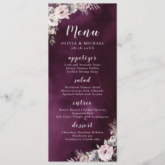 Plum waterverf & stoffige roze boho bloemenbruilof menu (Voorkant)