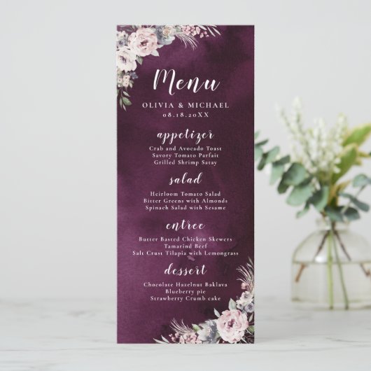 Plum waterverf & stoffige roze boho bloemenbruilof menu (Staand voorkant)