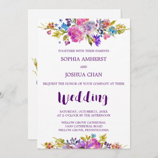 Plum Wedding Invitation Kaart met Monogram Backing (Voorkant / Achterkant)