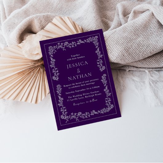  Plum & White Floral Wedding Kaart