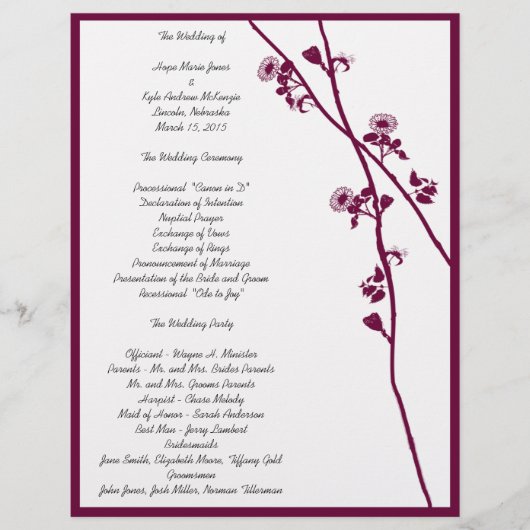 Plum Wild Flower Branches Wedding Programme- (Voorkant)