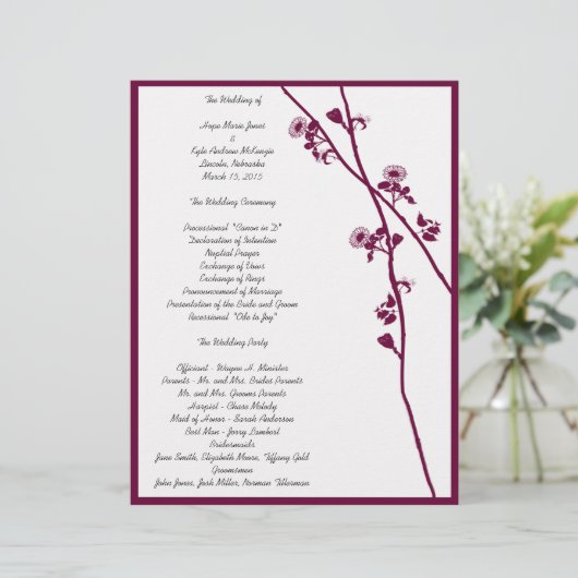Plum Wild Flower Branches Wedding Programme- (Staand voorkant)