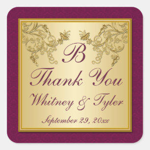 Plum Wine and Gold Floral Damask Monogram Sticker