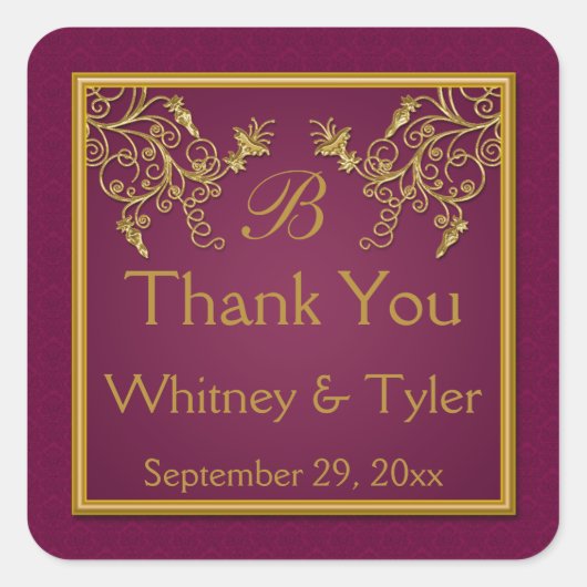 Plum Wine and Gold Floral Damask Monogram Sticker (Voorkant)
