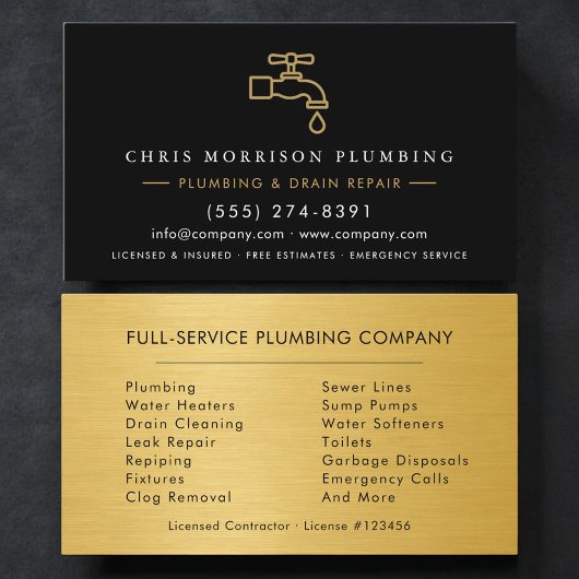 Plumber Black & Gold Metallic Minimalist Visitekaartje