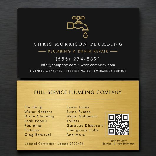 Plumber Black & Gold Metallic QR Code Visitekaartje